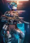  2023 anthro ar_platform armor bangs blue_eyes blue_hair body_armor canid canine cerbera clothing colt_1911 eotech explosives female fingerless_gloves foregrip gloves grenade grey_body gun hair hair_bun handgun handwear hi_res holster knee_pads mammal microphone one_leg_up patch_(fabric) pistol pupils raised_leg ranged_weapon red_pupils rifle silencer solo tail tight_clothing trigger_discipline weapon 