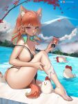 1girl :p animal_ears barefoot bikini black_bikini blue_sky breasts cat_ears cat_girl cat_tail english_commentary feet foot_out_of_frame from_side greatodoggo highres hololive hololive_english kfp_employee_(takanashi_kiara) large_breasts legs looking_at_viewer lotion_bottle mount_fuji orange_hair petals pouring pouring_onto_self purple_eyes sitting sky strap_slip swimsuit tail takanashi_kiara thighs toe_scrunch toenails toes tongue tongue_out virtual_youtuber water 