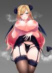  1girl absurdres bare_shoulders black_horns black_panties black_skirt black_thighhighs blonde_hair blue_eyes blush breasts breasts_out clothes_lift demon_girl demon_horns demon_tail demon_wings festa11307070 garter_straps gradient_hair head_tilt highres hololive horns large_breasts lifted_by_self long_hair looking_at_viewer multicolored_hair nipples panties parted_lips pink_hair pink_shirt pointy_ears shirt single_sidelock skirt skirt_lift sleeveless sleeveless_shirt smile solo standing swept_bangs tail thighhighs underwear very_long_hair virtual_youtuber wings yuzuki_choco yuzuki_choco_(1st_costume) 