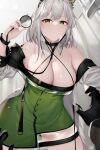  1girl 1other animal_ears arknights bare_shoulders black_choker breasts cat_ears choker cleavage commentary_request doctor_(arknights) dress green_dress green_eyes hand_up highres holding izulizuru kal&#039;tsit_(arknights) looking_at_viewer off_shoulder pencil_dress pov short_dress short_hair stethoscope thighs white_hair 