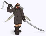  1boy avatar_(ff14) bara beard black_blindfold black_gloves blindfold boots cosplay dual_wielding earrings facial_hair final_fantasy final_fantasy_xiv full_body gloves growlygruntz holding holding_sword holding_weapon jacket jewelry leg_hair long_sleeves male_focus muscular muscular_male nier:automata nier_(series) pectorals roegadyn short_hair shorts solo standing sword weapon yorha_no._9_type_s yorha_no._9_type_s_(cosplay) 