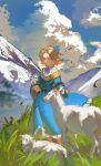  1boy absurdres aged_down androgynous animal axis_powers_hetalia blonde_hair blue_eyes blue_flower blue_ribbon blue_rose child cloud commentary_request day flower france_(hetalia) goat gold_trim grass half-closed_eyes half_updo highres holding holding_flower long_sleeves looking_at_animal male_child male_focus mountainous_horizon nature neck_ribbon outdoors petting ribbon rose sash shirt short_hair smile standing white_shirt wind zhongerweiyuan 