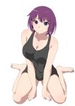  1girl alternate_costume alternate_hairstyle bare_legs bare_shoulders barefoot black_shorts black_tank_top blue_eyes breasts cleavage closed_mouth collarbone full_body guchiknight highres large_breasts legs looking_at_viewer medium_hair monogatari_(series) on_ground purple_hair senjougahara_hitagi shadow short_shorts shorts simple_background sitting smile solo tank_top thighs toes wariza white_background 