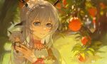  1girl alina_(arknights) antlers apple apple_tree apron arknights blue_eyes brown_apron character_doll chinese_commentary commentary_request dappled_sunlight deer_antlers doll_on_shoulder dress food fruit grass grey_eyes grey_hair hand_up highres jitome long_hair longjingcha looking_at_viewer outdoors short_hair smile solo sunlight talulah_(arknights) talulah_the_fighter_(arknights) tree upper_body weibo_username white_dress 