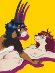  abby_(peenations) absurd_res anthro appelsaus black_body black_fur black_hair blush body_blush bovid breasts brown_body brown_eyes brown_fur brown_hair calico_pattern canid canine canis caprine domestic_dog eye_contact female female/female fluffy fur genitals goat hair hi_res highlights_(coloring) horn lenore_(appelsaus) looking_at_another mammal nipple_piercing nipples nude piercing poodle pussy pussy_blush simple_background smile smiling_at_partner thick_thighs white_body white_fur 
