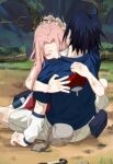  blue_hair blue_jacket bruise bruise_on_face closed_eyes couple hair_intakes haruno_sakura hetero highres hug injury jacket long_hair naruto naruto_(series) niku_(ni23ku) petting pink_hair short_hair short_shorts short_sleeves shorts sitting sleeveless twitter_username uchiha_sasuke white_shorts 