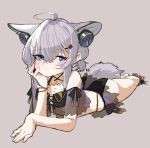  1girl ahoge animal_ear_fluff animal_ears arknights ass bare_shoulders bikini black_bikini blue_eyes blush breasts closed_mouth commentary_request fox_ears fox_girl fox_tail grey_background hair_between_eyes hand_up highres looking_at_viewer lying on_stomach purple_hair see-through shima_(wideshi_ma) simple_background small_breasts solo sussurro_(arknights) sussurro_(summer_flower)_(arknights) swimsuit tail 
