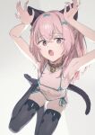  1girl ? animal_ears armpits arms_up bell bikini black_thighhighs blue_bikini blush bow cat_ears cat_tail collar fang flat_chest full_body grey_background hair_bow heart heart-shaped_pupils highres inui_sajuna jingle_bell long_hair looking_at_viewer micro_bikini neck_bell open_mouth pink_eyes pink_hair side-tie_bikini_bottom sitting sketch soe solo sono_bisque_doll_wa_koi_wo_suru swimsuit symbol-shaped_pupils tail thighhighs yokozuwari 