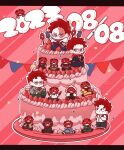  4boys age_progression aged_down beard beard_stubble birthday bodysuit boku_no_hero_academia character_cake chibi clone dated endeavor_(boku_no_hero_academia) facial_hair fedora food food_focus fruit hat highres jitome light_frown looking_at_viewer looking_up male_focus multiple_boys official_alternate_costume pink_theme scar scar_across_eye short_hair sideburns sparkle_background spiked_hair strawberry stubble yorozuyasamura6 