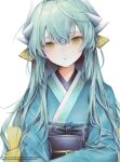  1girl blush breasts dmith dragon_girl dragon_horns fate/grand_order fate_(series) green_hair highres horns japanese_clothes kimono kiyohime_(fate) long_hair long_sleeves looking_at_viewer medium_breasts multiple_horns obi sash solo wide_sleeves yellow_eyes 