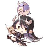  1girl black_footwear black_hair black_jacket black_skirt blue_hair blush brown_eyes chibi closed_mouth commentary creature curled_horns demon_girl demon_horns demon_tail folder full_body grey_horns hair_between_eyes hebiyoi_tier highres holding holding_folder horns jacket long_hair long_sleeves looking_at_viewer multicolored_hair nanashi_inc. navel off_shoulder open_clothes open_jacket pointy_ears running shoes sidelocks simple_background skirt smile solo tail touki31249960 transparent_background two-tone_hair virtual_youtuber 