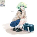  bag bag_removed blue_skirt colored_eyelashes crossdressing dated green_hair hands_on_own_chin highres lio_fotia loafers long_sleeves otoko_no_ko photo-referenced photo_inset pleated_skirt prmattotia promare purple_eyes reference_inset school_bag school_uniform serafuku shoes short_hair simple_background skirt socks squatting white_background white_socks 