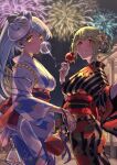  2girls absurdres blue_hair blue_kimono breasts bubble_blowing candy_apple commentary fireworks floral_print flower flower_ornament food girls&#039;_frontline green_hair hair_flower hair_ornament highres japanese_clothes kimono m249_saw_(girls&#039;_frontline) m249_saw_(oborozukiyo)_(girls&#039;_frontline) mk48_(girls&#039;_frontline) multiple_girls night night_sky red_eyes shiratama_(siratama5656) sky striped striped_kimono summer_festival yellow_eyes 