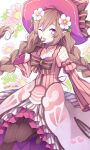  1girl ;d blush bow braid brown_gloves brown_hair brown_pantyhose commentary detached_collar detached_sleeves dress fishnet_top fishnets floral_background flower frilled_dress frills gloves hair_flower hair_ornament hand_up hat heart heart-shaped_pupils long_hair looking_at_viewer ludmila_(rune_factory) mini_mamu one_eye_closed open_mouth pantyhose pink_dress pink_headwear pink_sleeves pointy_ears purple_eyes rune_factory rune_factory_5 smile solo standing standing_on_one_leg striped_sleeves symbol-only_commentary symbol-shaped_pupils twin_braids twitter_username very_long_hair white_flower witch_hat 