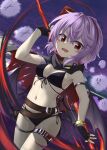  &gt;_&lt; 1girl :d akisome_hatsuka belt bikini black_bikini black_gloves breasts cleavage commentary_request earrings fang fingerless_gloves gloves holding holding_weapon jewelry kedama_(touhou) looking_at_viewer medium_breasts navel open_mouth pointy_ears purple_hair red_eyes short_hair smile solo spear_the_gungnir swimsuit touhou weapon 
