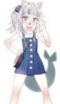  1girl animal_ears bag blue_eyes blue_hair blue_skirt blunt_bangs breasts cat_ears cube_hair_ornament fins fish_tail frilled_shirt frilled_sleeves frills gawr_gura gawr_gura_(2nd_costume) grey_hair hair_ornament hand_on_own_hip handbag hololive hololive_english long_hair looking_at_viewer medium_hair multicolored_hair open_mouth ryoma_(rym_369) shark_girl shark_tail shirt short_sleeves side_ponytail sidelocks skirt skirt_set small_breasts solo streaked_hair tail very_long_hair virtual_youtuber white_background white_shirt 
