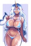  1girl artist_name bare_arms bare_shoulders bikini black_choker blue_bikini blue_eyes blue_hair breasts cetacean_tail choker collarbone colored_skin commentary cowboy_shot dark-skinned_female dark_skin english_commentary fins fish_tail grin groin heart horns iahfy large_breasts long_hair multicolored_hair multicolored_skin navel original patreon_username pointy_ears simple_background single_horn smile solo swimsuit tail twitter_username white_hair 