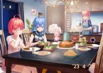  3girls absurdres ahoge alternate_costume anemachi apron aqua_hair asakura_(asa_t77) asymmetrical_hair bandaid_on_thigh black_shirt blue_eyes bow bowtie breasts chair chopsticks clock closed_eyes closed_mouth colored_inner_hair curry curry_rice curtains dated dining_room dorayaki feet_out_of_frame food green_apron green_bow green_bowtie hardboiled_egg highres holding holding_chopsticks hololive hoshimachi_suisei indoors long_hair medium_breasts medium_hair multicolored_hair multiple_girls neck_ribbon omelet omurice open_mouth orange_pantyhose pantyhose picture_frame pink_eyes pink_hair pink_skirt plate puffy_short_sleeves puffy_sleeves red_ribbon ribbon rice sakura_miko shirt short_sleeves siblings side_ponytail sisters sitting skirt small_breasts spoon standing thighhighs thighs turkey_(food) virtual_youtuber wagashi white_shirt white_thighhighs 