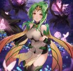  1girl black_shorts black_sleeves black_thighhighs breasts brown_eyes detached_sleeves elincia_ridell_crimea fire_emblem fire_emblem:_path_of_radiance fire_emblem_heroes green_hair hair_intakes haru_(nakajou-28) highres long_sleeves looking_at_viewer medium_breasts micro_shorts outdoors parted_lips short_hair_with_long_locks shorts sidelocks smile solo thighhighs 