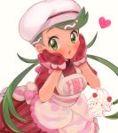  1girl :o abe_(kumayu) alcremie alcremie_(strawberry_sweet) apron blush buttons chef_hat commentary_request dress eyelashes green_eyes green_hair hands_up hat heart highres long_hair mallow_(palentine&#039;s_2023)_(pokemon) mallow_(pokemon) official_alternate_costume oven_mitts pokemon pokemon_(game) pokemon_masters_ex red_dress red_mittens short_sleeves simple_background swept_bangs twintails white_background white_headwear 