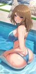  1girl ass back bikini blue_bikini blue_eyes blush breasts brown_hair butt_crack eunie_(xenoblade) from_behind grin head_wings highleg highleg_bikini highres huge_ass long_hair looking_at_viewer looking_back namu_(112namu) partially_submerged pool revision sideboob smile swept_bangs swimsuit wings xenoblade_chronicles_(series) xenoblade_chronicles_3 