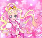  1girl blonde_hair blue_eyes bow cure_flora cure_nico earrings gloves go!_princess_precure haruno_haruka high_ponytail highres jewelry long_hair magical_girl multicolored_hair pink_bow pink_eyes precure puffy_short_sleeves puffy_sleeves short_sleeves solo streaked_hair white_gloves 