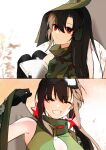  2girls absurdres black_gloves book brown_hair camouflage camouflage_cape closed_eyes commentary_request expressionless girls&#039;_frontline gloves goggles goggles_on_head grin hair_between_eyes hair_over_eyes highres holding holding_book long_hair multiple_girls red_eyes smile twintails type_56-1_(girls&#039;_frontline) type_56-1_(mod3)_(girls&#039;_frontline) type_64_(girls&#039;_frontline) type_64_(mod3)_(girls&#039;_frontline) upper_body yuyu_(gype5728) 