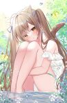  1girl animal_ears ass barefoot blush brown_eyes brown_hair bug butterfly cat_ears cat_girl cat_tail expressionless hamico highres hugging_own_legs knees_to_chest legs long_hair no_pants off_shoulder original outdoors panties pantyshot partially_submerged ribbon shirt sitting solo tail thighs twintails underwear very_long_hair water white_panties white_shirt 