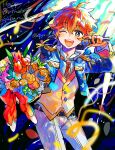  1boy akehoshi_subaru androgynous belt black_belt blue_eyes blue_jacket blush bouquet collared_shirt ensemble_stars! flower happy_birthday highres holding holding_bouquet holding_microphone jacket male_focus microphone one_eye_closed open_mouth orange_hair orange_vest pants sepyu shirt short_hair smile solo teeth twitter_username vest white_pants white_shirt 