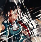  1girl ascot battle blood blood_on_face blurry blurry_background furaggu_(frag_0416) glaring highres kantai_collection looking_at_viewer machinery open_mouth red_eyes solo takao_(kancolle) torn_clothes upper_body white_ascot 