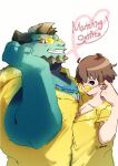  anthro brown_hair cipactli_(tas) dragon duo eyewear hair human lifewonders male male/male mammal matching_clothing pecs_touching size_difference sunglasses tokyo_afterschool_summoners twink_protagonist_(tas) youmoxto 