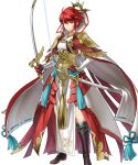  1girl arm_guards armor boots bow_(weapon) cape circlet fire_emblem fire_emblem_fates fire_emblem_heroes full_body gloves gold_trim highres hinoka_(fire_emblem) japanese_clothes jewelry katana kita_senri knee_boots long_sleeves non-web_source official_art pelvic_curtain red_eyes red_hair sheath sheathed short_hair solo sword transparent_background weapon 