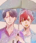  2boys closed_eyes ear_piercing facing_viewer flower grey_hair highres holding holding_flower holding_umbrella implied_yaoi jewelry multiple_boys opus.colors parted_bangs piercing purple_shirt red_hair ring shared_umbrella shirt short_hair takise_kyo umbrella upper_body watakko yamanashi_kazuya yellow_eyes 