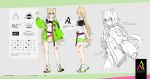  1girl aki_rosenthal aki_rosenthal_(6th_costume) animal_ears azumi_akitake belt black-framed_eyewear black_belt black_shirt blonde_hair cat_ears glasses green_jacket highres hololive hood hood_down hooded_jacket jacket long_hair low_twintails multiple_views off-shoulder_shirt off_shoulder official_alternate_costume official_alternate_hairstyle official_art overall_skirt overalls paint_stains parted_bangs purple_eyes reference_sheet shirt shoes side_slit skirt sneakers turnaround twintails two-sided_fabric two-sided_jacket virtual_youtuber white_footwear white_overalls white_skirt 