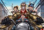  4boys absurdres beard black_gloves black_hair blonde_hair cigar facial_hair gloves goggles goggles_on_headwear grey_hair hat highres monkey_d._garp monkey_d._luffy motor_vehicle motorcycle multiple_boys one_piece open_mouth portgas_d._ace sabo_(one_piece) sajol_hasan short_hair smile straw_hat sunglasses top_hat 