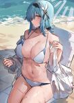  1girl beach bikini black_hairband blue_hair breasts cleavage commentary_request eula_(genshin_impact) genshin_impact hair_ornament hairband highres large_breasts looking_at_viewer navel ocean sand shirt short_hair sitting solo swimsuit the_olphy wet white_bikini white_shirt yellow_eyes 
