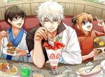  1girl 2boys black_shirt blue_eyes brown_eyes character_request collared_shirt drink eating fangs food gintama hair_between_eyes holding holding_menu holding_spoon looking_at_viewer menu messy_hair multiple_boys open_mouth orange_hair outdoors red_eyes robe sakata_gintoki shinomy shirt smile smirk spoon strawberry_parfait white_hair white_robe 