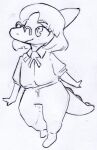  anthro chibi clothed clothing dinosaur eyewear female glasses goodbye_volcano_high hadrosaurid hair hi_res monochrome naomi_(gvh) ornithischian parasaurolophus reptile scalie simple_background sketch smile smirk snoot_game_(fan_game) solo traditional_media_(artwork) unknown_artist white_background wide_hips 