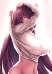 1girl arms_up breasts clothes_pull fate/grand_order fate_(series) gradient_background highres large_breasts long_hair looking_at_viewer navel purple_hair red_eyes revision ribbed_sweater saboten_teishoku scathach_(fate) solo sweater sweater_pull upper_body very_long_hair white_background white_sweater wide_hips 