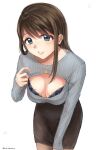  1girl blue_eyes bra breasts brown_hair cleavage commission grey_shirt highres jewelry large_breasts necklace nun original pantyhose pencil_skirt pixiv_commission setu_kurokawa shirt skirt solo underwear 