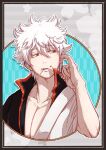  1boy artist_name aya_shiro423 collarbone dated finger_in_ear food food_on_face gintama hair_between_eyes male_focus messy_hair mouth_hold pectorals red_eyes sakata_gintoki short_hair solo upper_body white_hair 