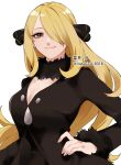  1girl black_coat black_pants black_shirt blonde_hair breasts brown_eyes cleavage closed_mouth coat commentary_request cynthia_(pokemon) fur-trimmed_coat fur_collar fur_trim hair_ornament hair_over_one_eye hand_on_own_hip highres light_smile long_hair long_sleeves looking_at_viewer medium_breasts natsuki_shio one_eye_covered pants pokemon pokemon_(game) pokemon_dppt shirt sidelocks solo twitter_username upper_body v-neck very_long_hair white_background 
