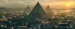 absurdres artist_logo building city cityscape commentary egypt egyptian_architecture english_commentary highres no_humans obelisk orange_sky original outdoors palm_tree petercrawford pyramid_(structure) sky sun sunset tree watermark 