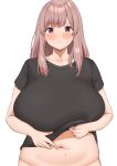  1girl absurdres black_shirt blush breasts brown_hair closed_mouth clothes_lift highres huge_breasts lifted_by_self looking_at_viewer mole mole_on_stomach mole_under_eye neneneji original out-of-frame_censoring plump shirt shirt_lift short_sleeves simple_background solo white_background 