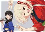  2girls ;d absurdres asada7101 black_hair blonde_hair blue_kimono border commentary_request double_v grey_background hair_ribbon highres inoue_takina japanese_clothes kimono long_hair looking_at_viewer lycoris_recoil multiple_girls nishikigi_chisato official_style one_eye_closed one_side_up open_mouth parody partial_commentary purple_eyes red_eyes red_kimono red_ribbon ribbon short_sleeves smile style_parody teeth twintails upper_body upper_teeth_only v white_border wide_sleeves 