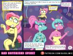  aloe_(mlp) anthro bodily_fluids breasts cleavage clothed clothing club_dress clubbing comic dialogue english_text equid equine eyeshadow female fluttershy_(mlp) friendship_is_magic group hasbro horse lipstick lotus_(mlp) makeup mammal my_little_pony nightclub pegasus pony sugslimic sweat text trio wings 