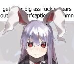  1girl commeowdore english_commentary english_text hair_between_eyes jacket long_hair necktie profanity purple_hair red_eyes reisen_udongein_inaba simple_background solo touhou upper_body white_background wing_collar 