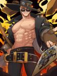  1boy abs bare_pectorals belt blonde_hair card feet_out_of_frame fingerless_gloves foreshortening gloves grin guilty_gear guilty_gear_strive hat highres jacket johnny_(guilty_gear) kyou_(ningiou) large_belt long_hair looking_at_viewer male_focus muscular muscular_male navel nipples obliques open_clothes open_jacket outstretched_hand pectorals playing_card smile solo sparkle stomach sunglasses thick_eyebrows thighs v-taper 