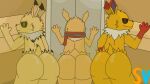  2023 absurd_res anthro bent_over butt butt_focus clothed clothing digital_media_(artwork) eeveelution elevator fart fart_cloud fart_fetish first_person_view fur generation_1_pokemon group head_tuft hi_res hotbox inside jolteon lightwavethejolteon looking_at_viewer male male/male multicolored_body multicolored_fur musk_clouds neck_tuft nintendo nude partially_clothed pokemon pokemon_(species) presenting presenting_hindquarters raised_arm rear_view scarf smile smiling_at_viewer smirk smirking_at_viewer speedyvibes speedyvibes(character) toony trio tuft vibesthejolteon 