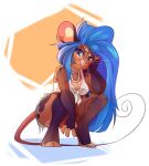  anthro blue_eyes blue_hair bottomwear breasts buckteeth cleavage clothed clothing crouching curled_tail female fur geekidog hair hi_res long_hair mammal mouse murid murine nori_(peacheebelle) rodent solo tan_body tan_fur teeth whiskers 